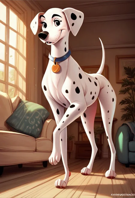 score_9, score_8_up, score_7_up, score_6_up, score_5_up, score_4_up, solo, perdita101, dog, dalmatian, standing, looking at viewer, living room