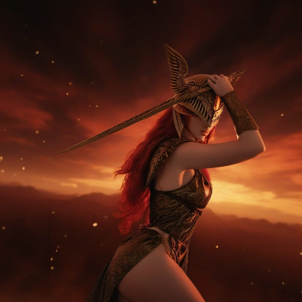 cinematic photo a woman with red hair, winged helmet,breast, sword <lora:Malenia1024:0.8> . 35mm photograph, film, bokeh, professional, 4k, highly detailed