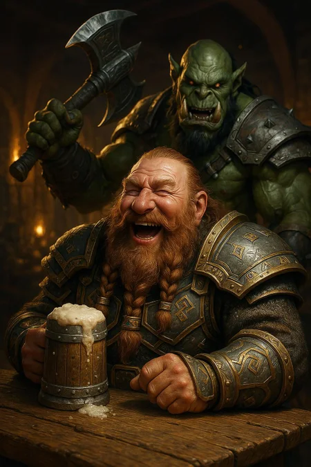 A hyper-realistic, ultra high-definition (8K resolution) cinematic scene inspired by World of Warcraft. In the foreground, a stout dwarf warrior with a long, braided beard, wearing intricately detailed armor adorned with runes and gold accents, is sitting at a rustic wooden tavern table. He is laughing heartily, holding a frothy, overflowing tankard of beer in one hand, his eyes crinkled with joy. In the background, an imposing orc warrior, with green, scarred skin, massive muscles, and fierce red eyes, is sneaking up from behind. The orc wields a gigantic, beautifully crafted battle axe, raised in a playful, dramatic pose, as if about to surprise the dwarf. The scene is filled with dynamic lighting, rich textures, and cinematic depth of field. The tavern is warm and lively, with flickering torchlight casting dramatic shadows. Every detail—from the foam of the beer to the reflections on the metal armor and the individual strands of hair—is rendered in the highest possible quality. The mood is vibrant, energetic, and slightly humorous, capturing a moment of camaraderie and playful rivalry between the two legendary warriors.