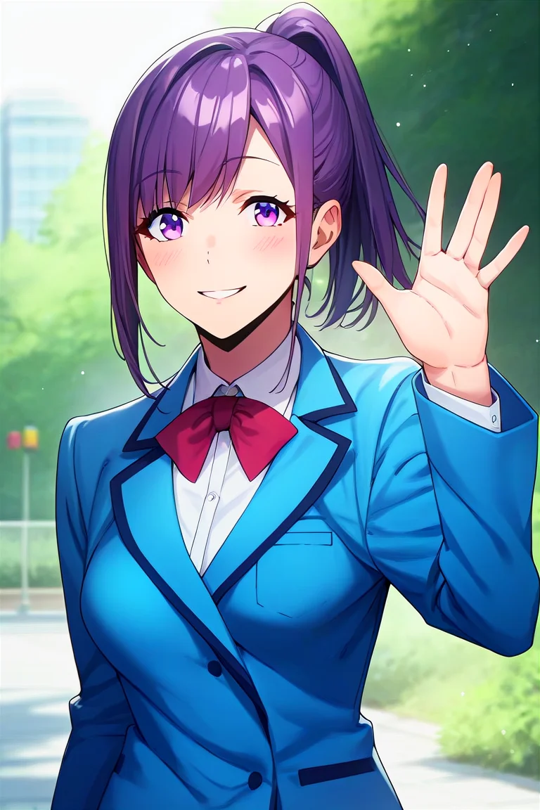 score_9, score_8_up, score_7_up, score_6_up, score_5_up, score_4_up, rating_questionable, , source_anime, digital illustration, pixiv, fanbox, uncensored, , BREAK, official art,
1girl, solo, female, sung jinah, purple eyes, purple hair, ponytail, sidelocks, medium breasts,
school uniform, blue blazer, bowtie, upper body, light smile, waving,, , outdoors, blush, cowboy shot, looking at viewer, <lora:Sung_Jinah-10:0.9>