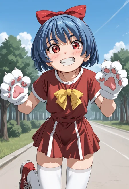 score_4,score_5,score_6,score_7_up,score_8_up,score_9 ((masterpiece,best quality,ultra detailed,highres,HD,4k:1.2)),
1girl,solo,girl forcus,solo forcus,
upper body, blue hair,short hair,hair bow,hairband,red eyes, clothed ribbon,red shirt,red skirt,thighhighs,white thighhighs,red shoes,animal hands,paw gloves,zettai ryouiki, smile,blush,paw pose,grin,teeth, outdoors,