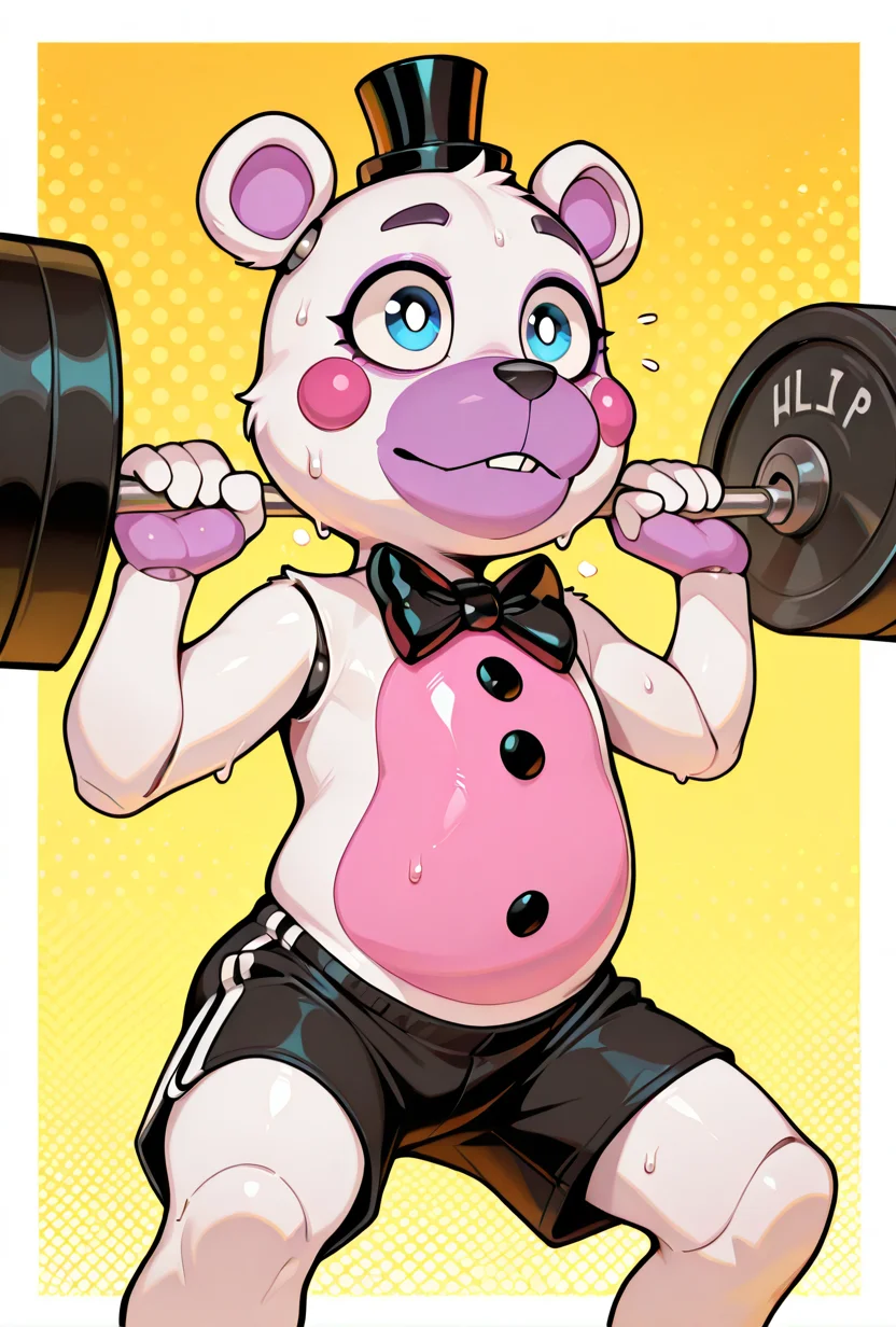 <lora:helpi-10:1> helpi, solo, top hat, bowtie, animal ears, mini hat, furry, pink belly. teddy, animatronic, robot, toy <lora:Barbell_Squat:1> barbell squat, sweat, shorts, masterpiece, best quality, amazing quality, very aesthetic, absurdres, newest,, upper body, halftone effect, white borders, abstract background:1.2,