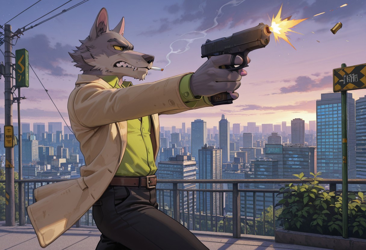 masterpiece, best quality, amazing quality, very aesthetic, absurdres, newest,  high quality, detailed, 
male, solo male, DaleDonovan, 1boy, mature male, male, anthro, wolf, broad shoulders, scruffy, gray fur, light tan underbelly, black eyes, yellow sclera, thick eyebrows, animal ears, 
tan jacket, green collared shirt, black pants, nipples, bashful, cigarette, clenched teeth, canine teeth, serious, annoyed, belt, m1911a1, firing gun, muzzle flash, shell casing, shooting post, one hand, running, action pose, side view, cowboy shot, 
outside, rooftops, city skyline, overlooking city, looking at viewer, detailed background,