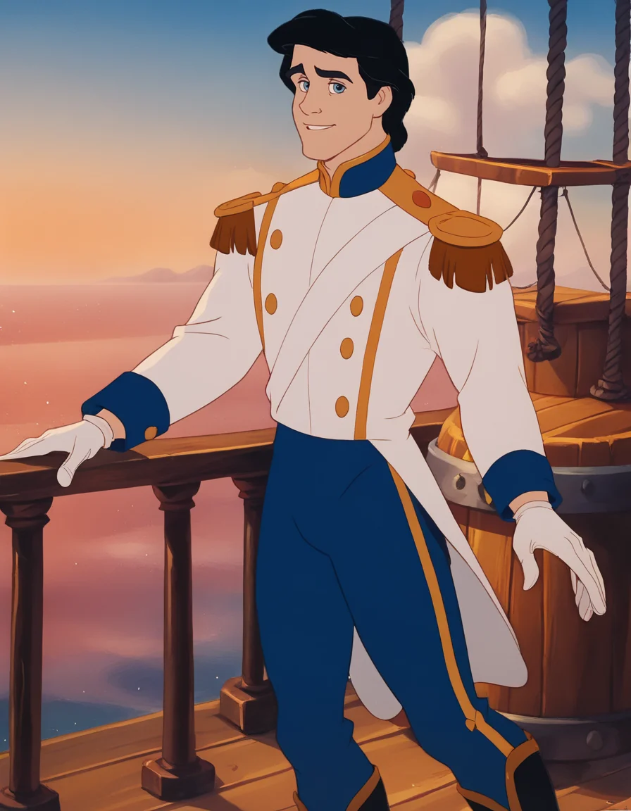score_9, score_8_up, score_7_up, Prince_Eric_LTM, 1boy, black hair, light-blue eyes, white tailcoat, knee-length jacket tails, dark blue pants, gold epaulettes, white baldric, black boots, blue collar and cuffs, white gloves, gold embroidery, massive gold buttons, solo, standing, on a fantasy wooden ship, in the sea, looking at viewer, best quality, much detailed, high resolution, Expressiveh, zPDXL3, <lora:Prince_Eric_LTM:1>, <lora:Smooth Anime Style LoRA XL:0.8>, <lora:Expressive_H:0.6>, <lora:add-detail-xl:0.8>, <lora:zPDXL3:1>âââ