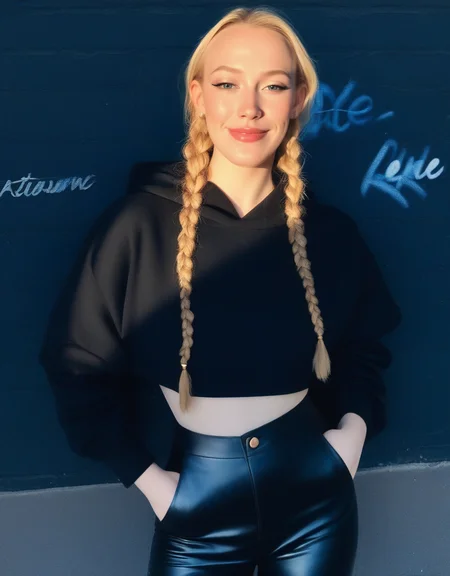 "realistic, beautiful, score_9, twin braids, young woman, tight leather pants, cropped hoodie, street graffiti background, confident smirk, golden hour lighting, urban fashion" ,score_9, score_8_up, score_7_up, masterpiece, high quality, highres, best quality, <lora:mcnulty_epoch_10:1>  Stable_Yogis_PDXL_Positives2
