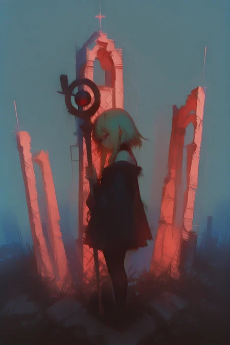 masterpiece, best quality, very aesthetic, dynamic composition, sketch, traditional media, abstract, abstract background, painting \(medium\), no lineart, kuma_(kancolle),delicate smile,Standing, 1girl, megumin, holding_staff, ruins, solo, chromatic aberration, building, outdoors, standing, post-apocalypse, facing away, pantyhose, city,