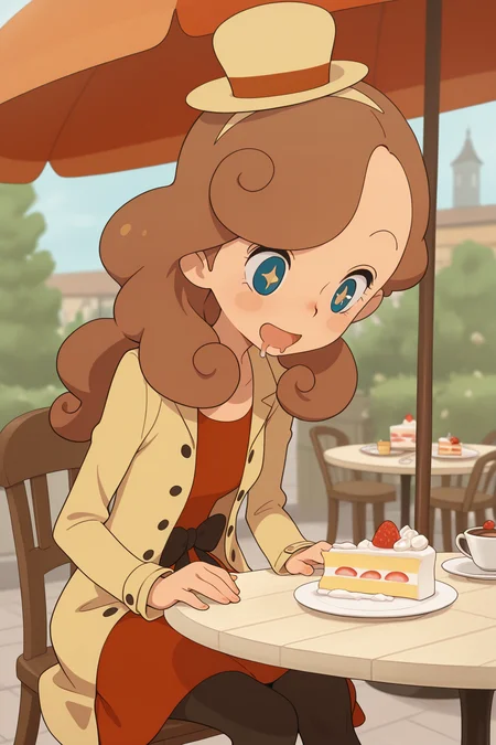 masterpiece, best quality, amazing quality, katriellelayton, 1girl, solo, sitting, drooling, sparkling eyes, open mouth, smile, upper body, looking down, black ribbon, brown hair, blue eyes, small brown hat, brown coat, red dress, black leggings, blue shoes, outdoors, cafe, parasol, table, chair, cake slice