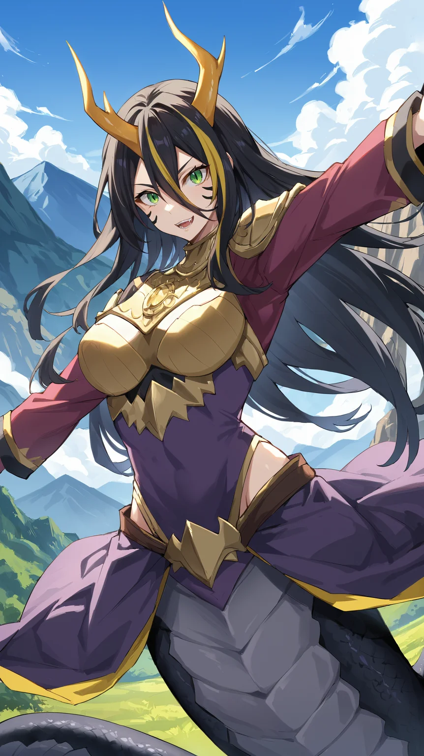 score_9,score_8_up,score_7_up,score_6_up, source_anime, zPDXL, <lora:xl_more_art-full_v1:0.5>, woman, dynamic pose, outstretched arms, <lora:Albis - Pony:0.8>, long hair, black hair, streaked hair, yellow streaks, purple top, green eyes, gold necklace, (Naga), snake body, scales, yellow horns, face markings, gold breastplate, monster, mountain path, rockface, mountains,