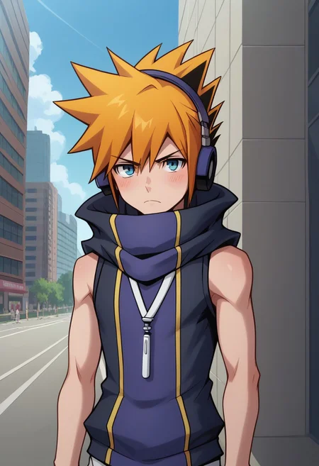 score_9, score_8_up, score_7_up, source_anime, highly detailed,
nekusakuraba, solo, 1boy, male focus, headphones, orange hair, black hair, multicolored hair, spiked hair, blue eyes, looking at viewer, hoodie, sleeveless hoodie, high collar, frown, blush, annoyed,
outdoor, street, building, sky, cloud,