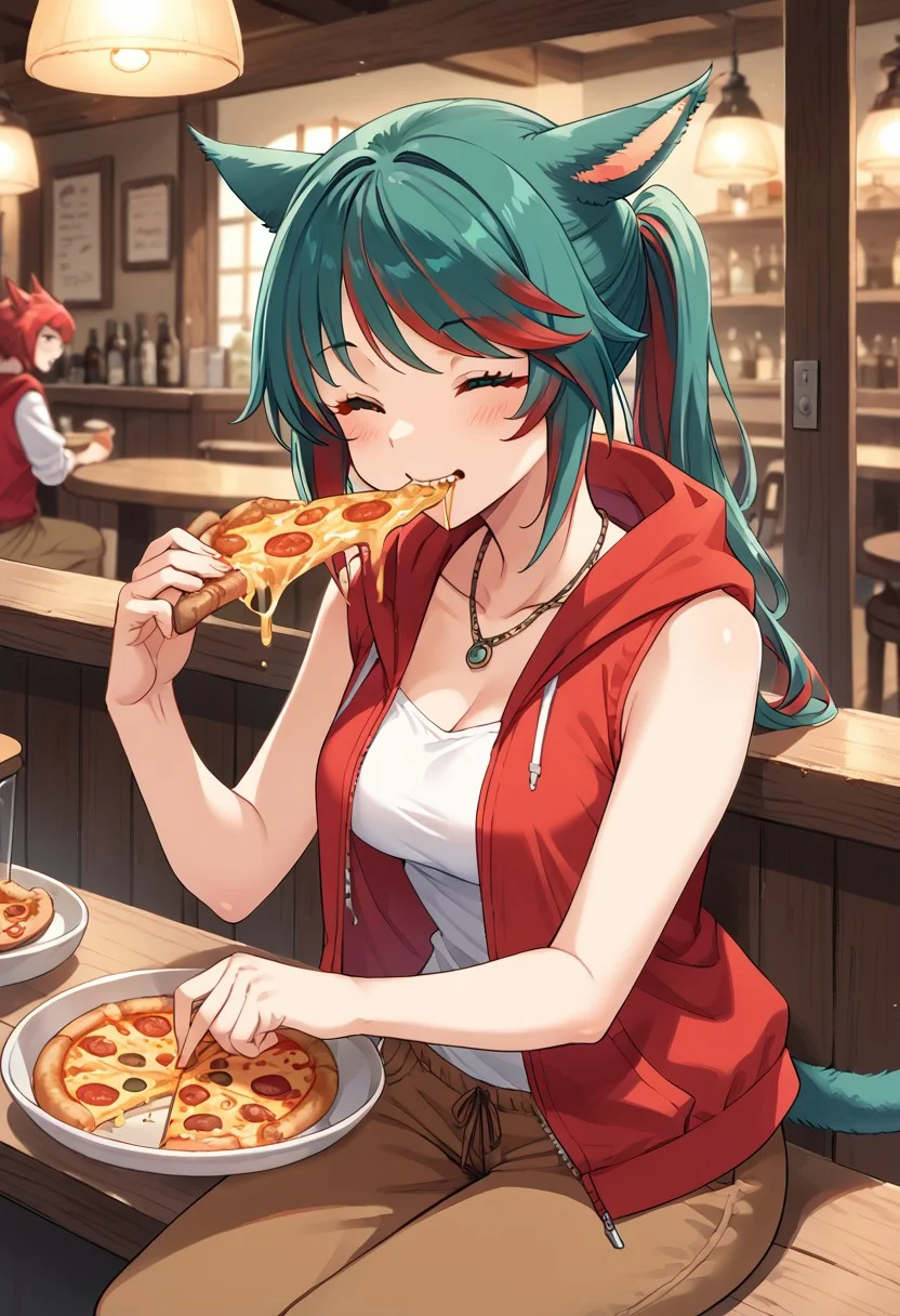 score_9, score_8_up, score_7_up, 1girl, cute, siriha, miqo'te, green hair, red hair, two-tone hair, tail, heterochromia,(((wearing outerwear: (a large open casual simple red hoodie)))), innerwear: (a loose, casual white sleeveless one-piece dress that drapes comfortably), open shoulder,necklace,brown pants,sitting in pub,picking up and biting a slice of pizza,happy,closed eyes,