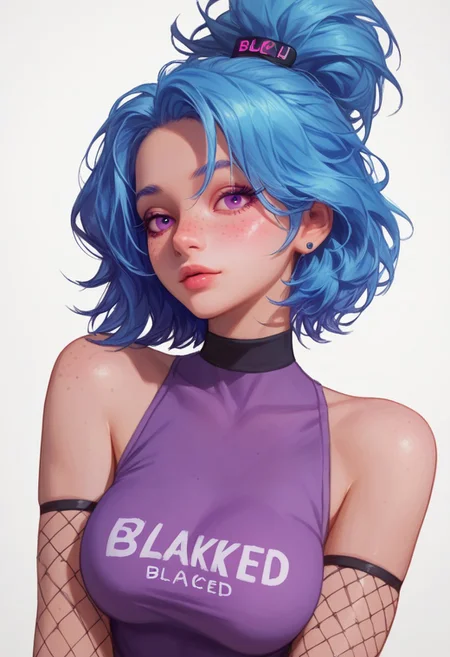 score_9,score_8_up,score_7_up, 1girl, 24yo, blue hair Gradient purple , medium hair, messy updo, purple eyes, freckles. Sleeveless, , fishnets, medium round breast, perky breast, deep cleavage, full breast tattoo, neck tattoo, purple top, BLACKED brand on top, high quality, zPDXL3, smudgy, liu2, kyuyongeom