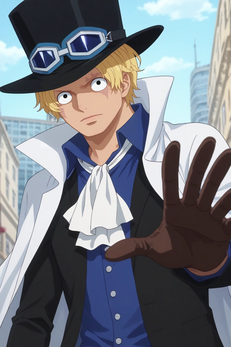 score_9, score_8_up, score_7_up, , rating_safe, , anime screencap, , official style, looking at viewer, depth of field, 1boy, solo, male focus, <lora:sabo_one_piece_pony:0.8>, sabo_one_piece, blonde hair, black eyes, short hair, scar across eye, bandaid on face, goggles on headwear, top hat, brown gloves, black headwear, white ascot, coat, blue shirt, straight-on, treetops city, day, villain pose, squinting, khakis,, <lora:sdxl_lightning_8step_lora:1>