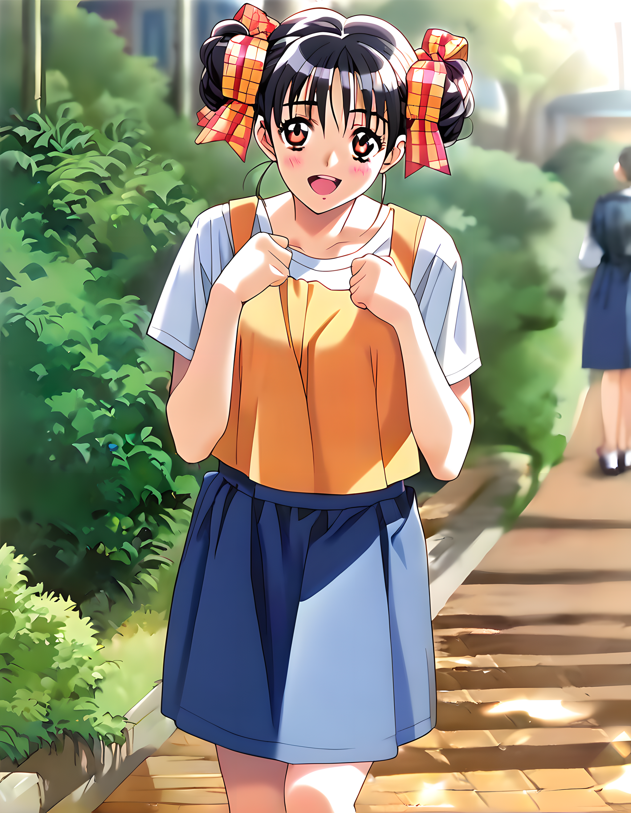 <lora:pony_xl_narusawa:0.8>,narusawa,score_9,score_8_up,score_7_up,source_anime,1girl,adorable_girl,looking at viewer,:d,smile,blush,open mouth,casual,cowboy_shot,clenched hands,hands in front of your chest,leaning_forward,knees_together_feet_apart,lens_flare,blurry,park,