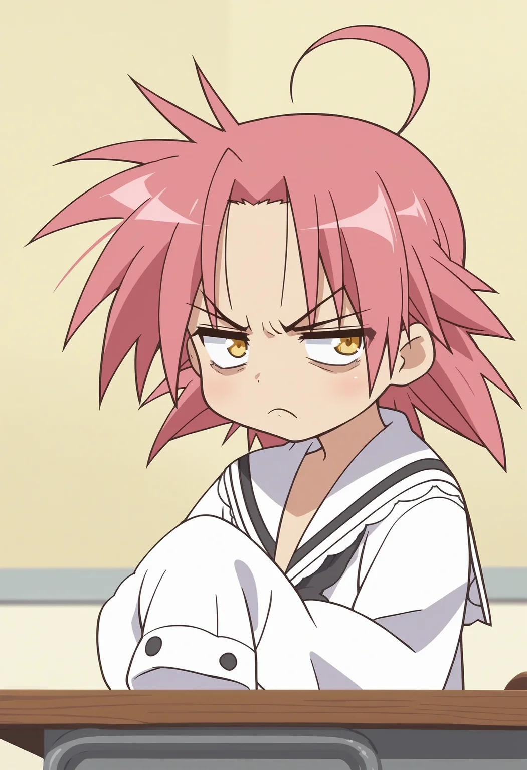 score_9, score_8_up, score_7_up, score_6_up, score_5_up, score_4_up , anime coloring ,BREAK source_anime, anime,screencap,
1girl, solo, lsakira, school uniform, sleeves past wrists, sleeves past fingers, oversized clothes, <lora:PonyXL LS Akira V1:1>
indoors,upper body, desk, behind desk,
yellow eyes, very angry, annoyed, looking at viewer,
