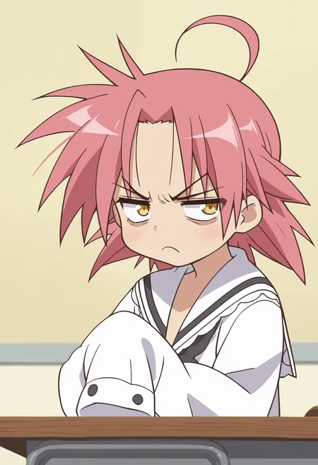 score_9, score_8_up, score_7_up, score_6_up, score_5_up, score_4_up , anime coloring ,BREAK source_anime, anime,screencap,
1girl, solo,  lsakira, school uniform, sleeves past wrists, sleeves past fingers, oversized clothes, <lora:PonyXL LS Akira V1:1>
indoors,upper body, desk, behind desk,
yellow eyes, very angry, annoyed, looking at viewer,