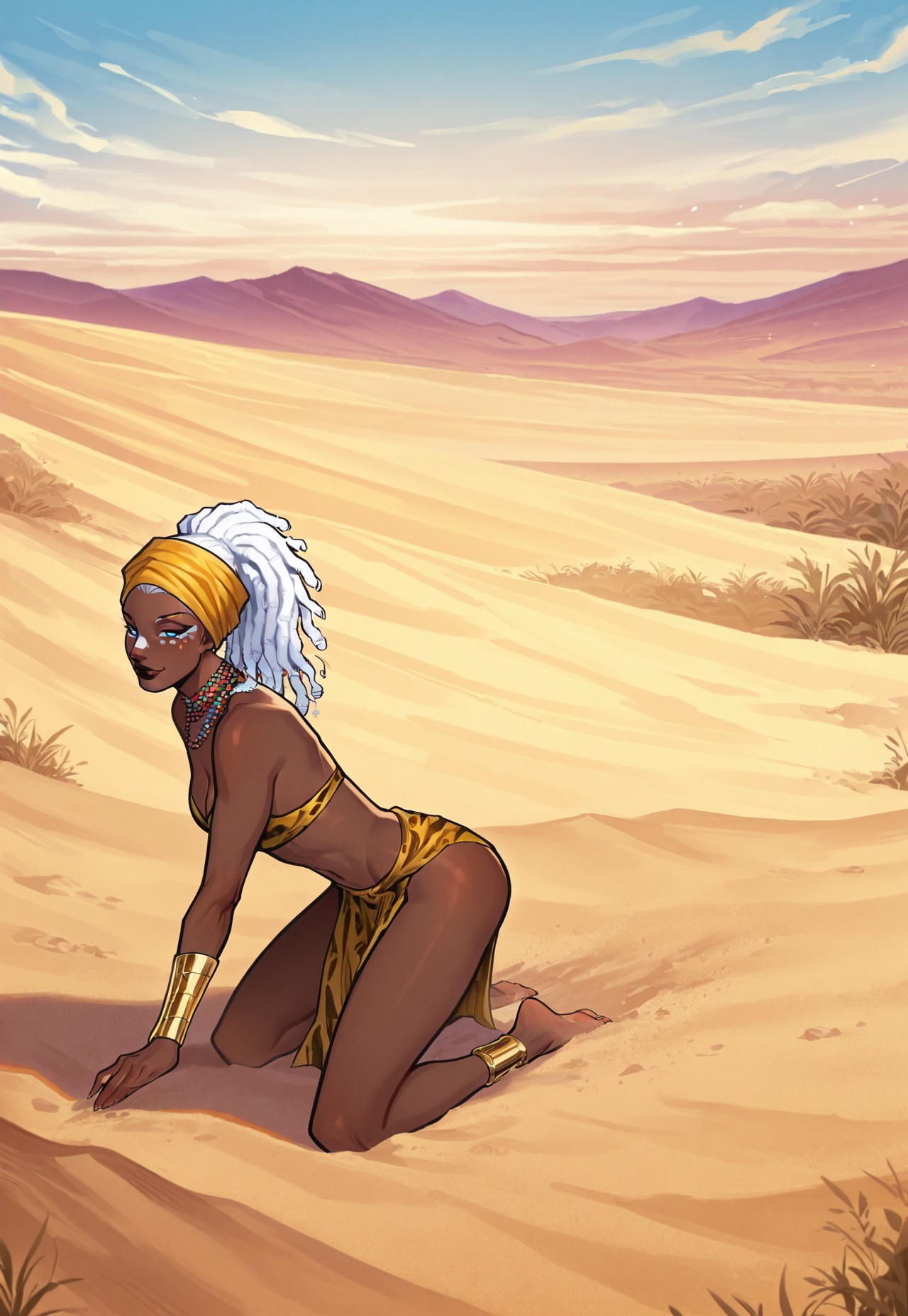 safe_pos, 1girl, solo, Ororo, white hair, curly hair, long hair, (waist length dreadlocks:1.3), very dark skin, dark-skinned female, dark lipstick, blue eyes, face markings, BREAK, 

African tribal wear, animal print, loincloth, yellow headwrap, gold bracers, beaded necklaces, tribal markings, barefoot, BREAK,

from the side, kneeling, serene smile, (water droplets falling), 

Outdoors, at a lake, in an oasis, saharan desert, acacia trees, sand dunes, storm brewing on horizon, BREAK.

(fine texture, masterpiece, ultra-detailed, very awa, best quality, very aesthetic, absurdres, newest, volumetric lighting, scenery, vibrant, colorful, rating_explicit, source_comic), BREAK.