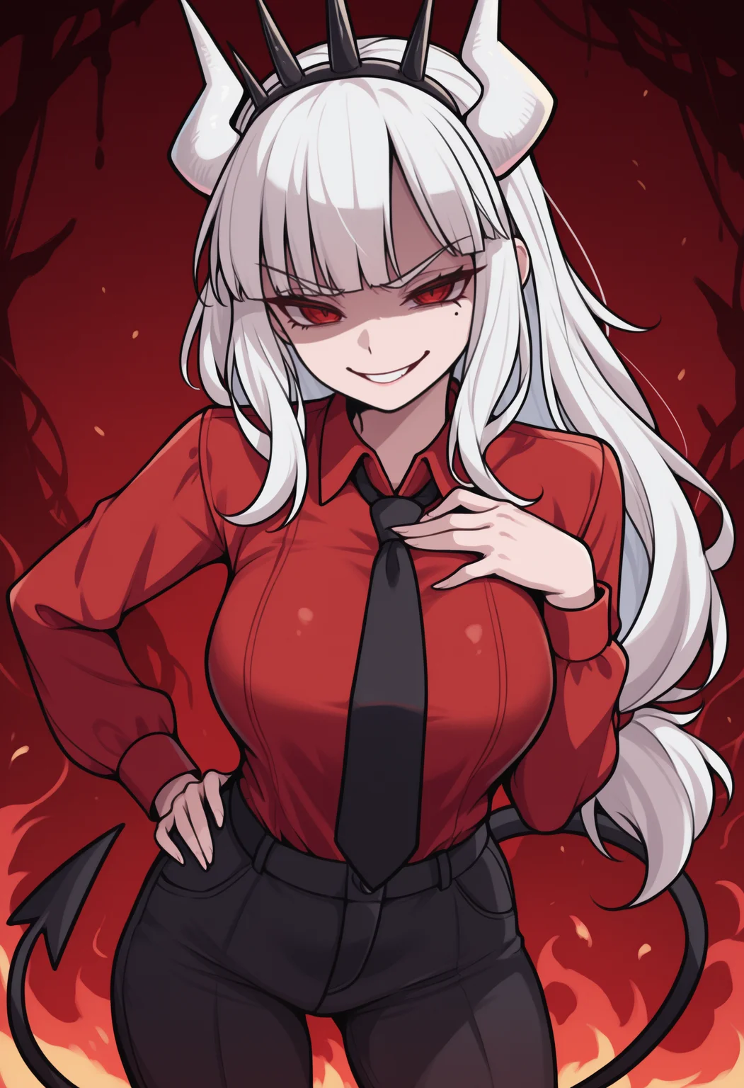 masterpiece, best quality, newest, solo, 1girl, luc1ferdef, mole under eye, black tail, demon tail, evil smile, looking at viewer, standing, hand on own chest, hand on own hip, long hair, white hair, crown, white horns, demon horns, red eyes, v-shaped eyebrows, red shirt, collared shirt, black necktie, long sleeves, black pants, hell, red background, fire
<segment:yolo-Anzhc Face seg 640 v2 y8n.pt,0.4,0.5//cid=1>