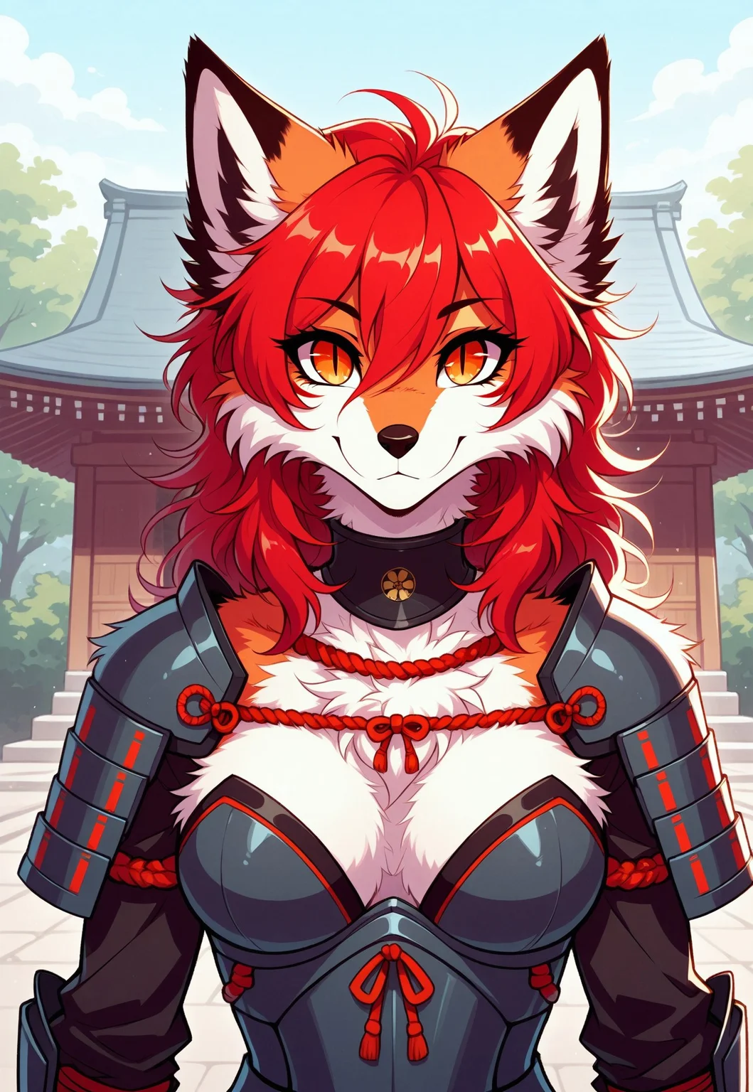 safe_pos, masterpiece,best quality,1girl,  megafluffy, ((fluffy)), furry, fox anthro, female, medium breasts, armor, samurai, japan, outdoors, japanese temple, red hair, orange eyes, slit pupils