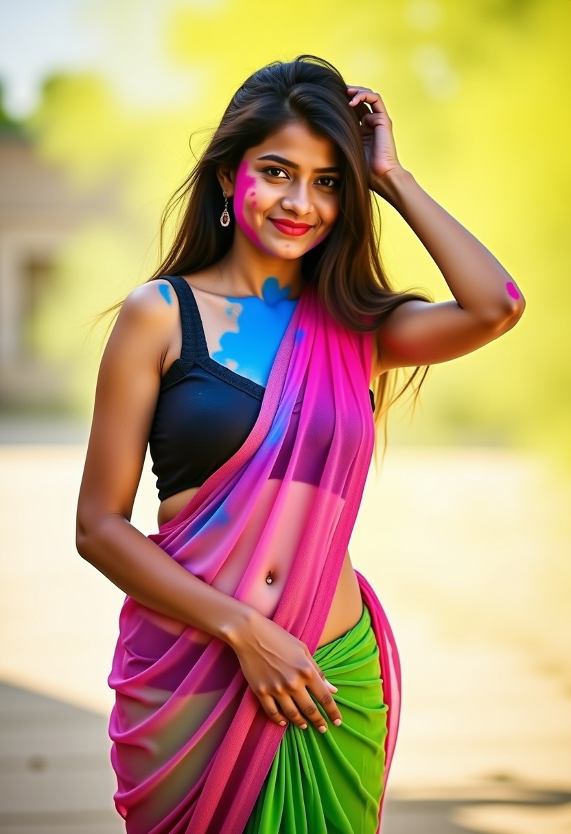 A fashion model photoshoot of a 20 year slim Indian woman with medium brown skin and long dark hair. She has beautiful hourglass figure. She is covered in colorful, vibrant powders in shades of pink, blue, green, and purple, giving her a festive, Holi-like appearance. She is wearing a Sleeveless Saree which exposes her beautiful natural belly button, and her expression is gentle and slightly playful with a naughty smile. The background is blurred, with a mix of yellow and white tones. She is standing with one arm raised to touch her hair. The image has a warm, celebratory feel, capturing the joy and tradition of Holi.
Holi_Style_Flux, Multicolor Smoke, Multicolor Paint, Multicolor Powder