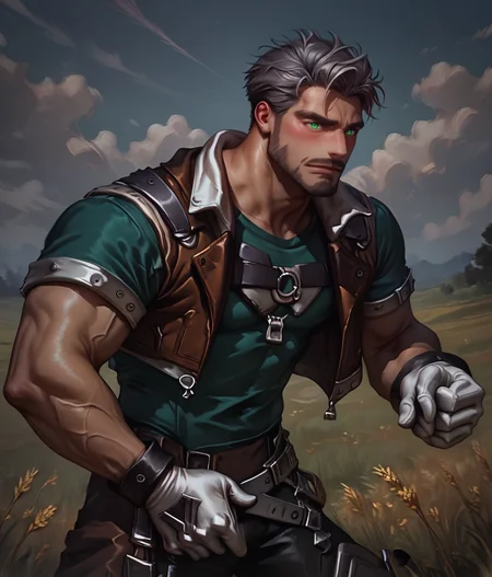 score_9, score_8_up, realistic, rating_questionable, bif, field of wheat, zip-up hoodie, honey hair, short hair, dusk, Medium shot
<lora:COTMNG01:1>, natgra, steel greaves, brown skirt, black pants, green shirt, leather vest, silver belts, white gloves, silver hair
glossy skin, muscular male, handsome, short hair, beard, upper body, face focus,
<lora:egg_leonard-04:.4><lora:style_Concept Art DarkSide Style LoRA_Pony XL v6:1>