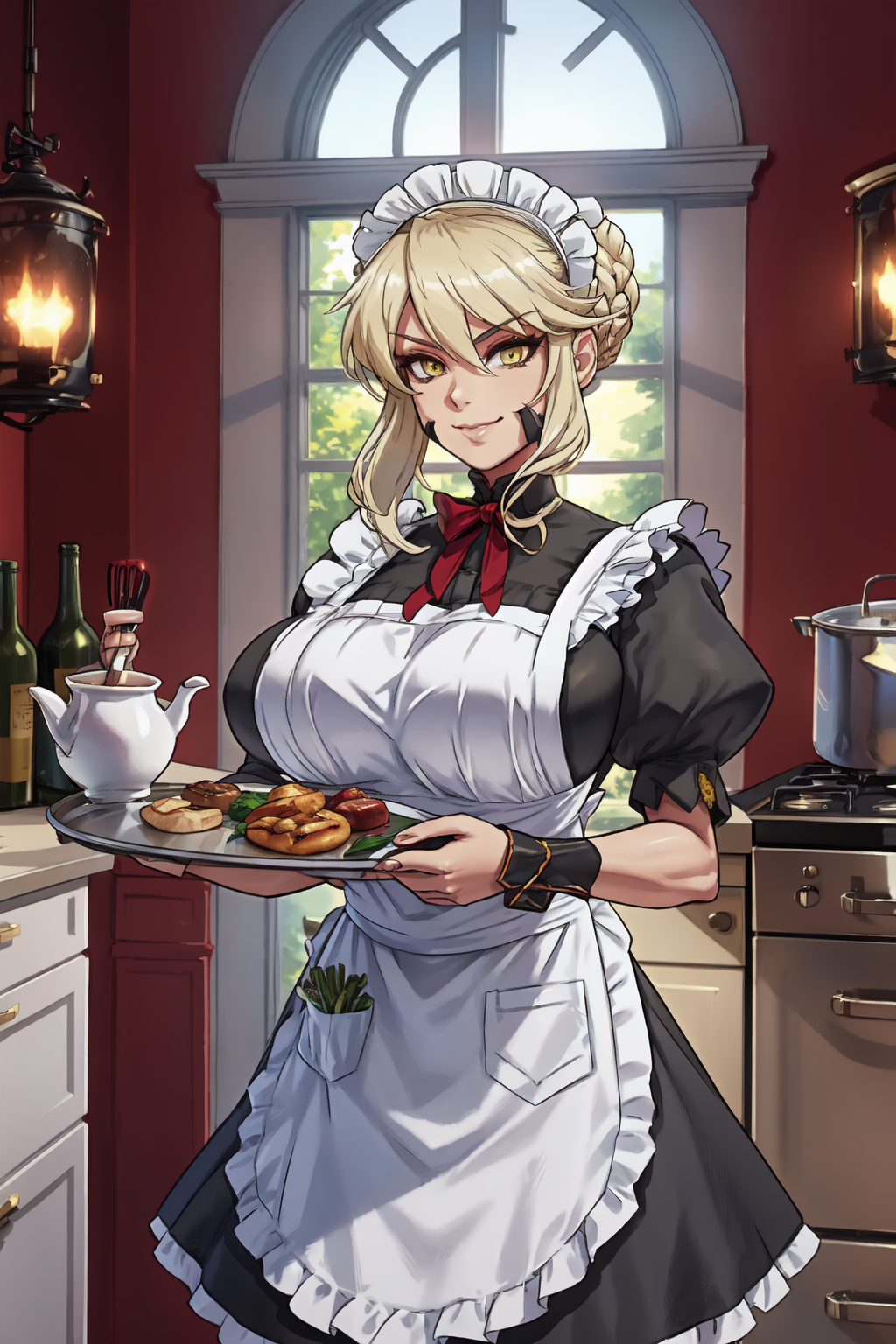 1girl, (solo:1.2), (masterpiece:1.2), (best quality:1.2), (perfect anatomy:1.4), (perfect female anatomy:1.2), (closed mouth:1.2), (smile:1.2), (large breasts:1.4), (cowboy shot:1.3), (beautiful mesmerizing detailed anime eyes:1.3), (holding a single large silver dinner tray:1.3), pastry on tray
<lora:eu03 [MockAi - v1.0]:0.8> eu03, curvy, soft shading, exaggerated proportions, <lora:Artoria Pendragon (Lancer Alter) [novowels - v1.0]:0.8> lancerAlter, yellow eyes, large breasts, sidelocks, (blonde hair:1.3), braid, braided hair bun, dress, maid, maid outfit, victorian maid, puffy sleeves, (maid apron:1.2), maid headdress, modest clothing, (high end home kitchen:1.3), kitchen counter, stove, fridge, window, expensive interior,