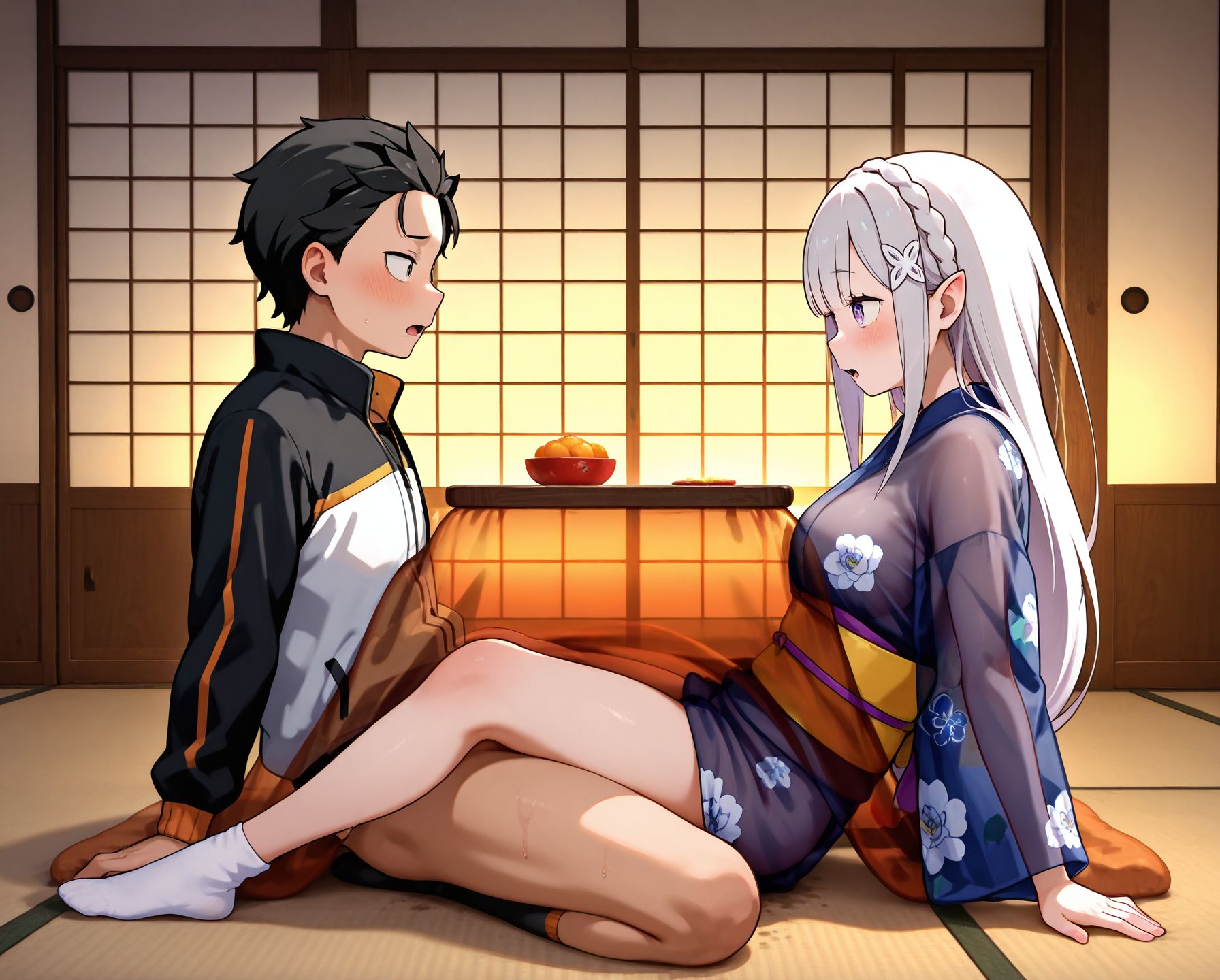 masterpiece,best quality,amazing quality,very aesthetic,absurdres,newest, huge filesize,
<lora:spo_sdxl_10ep_4k-data_lora_webui:0.5>,
<lora:add-detail-xl:1>
<lora:Kotatsu_Hide_Pose:0.7>
Kotatsu Hide Pose,
1girl,hetero,looking at another, clothed sex,bottomless, 
sex,1boy, sex under table, sex under kotatsu,  see-through kotatsu, sex, 
socks, lean back,
table,
sliding doors,tatami,
indoors,
hidden embrace position,
seated positions
reverse-leg techniques,
BREAK
natsuki subaru, 
emilia \(re:zero\),  kimono,