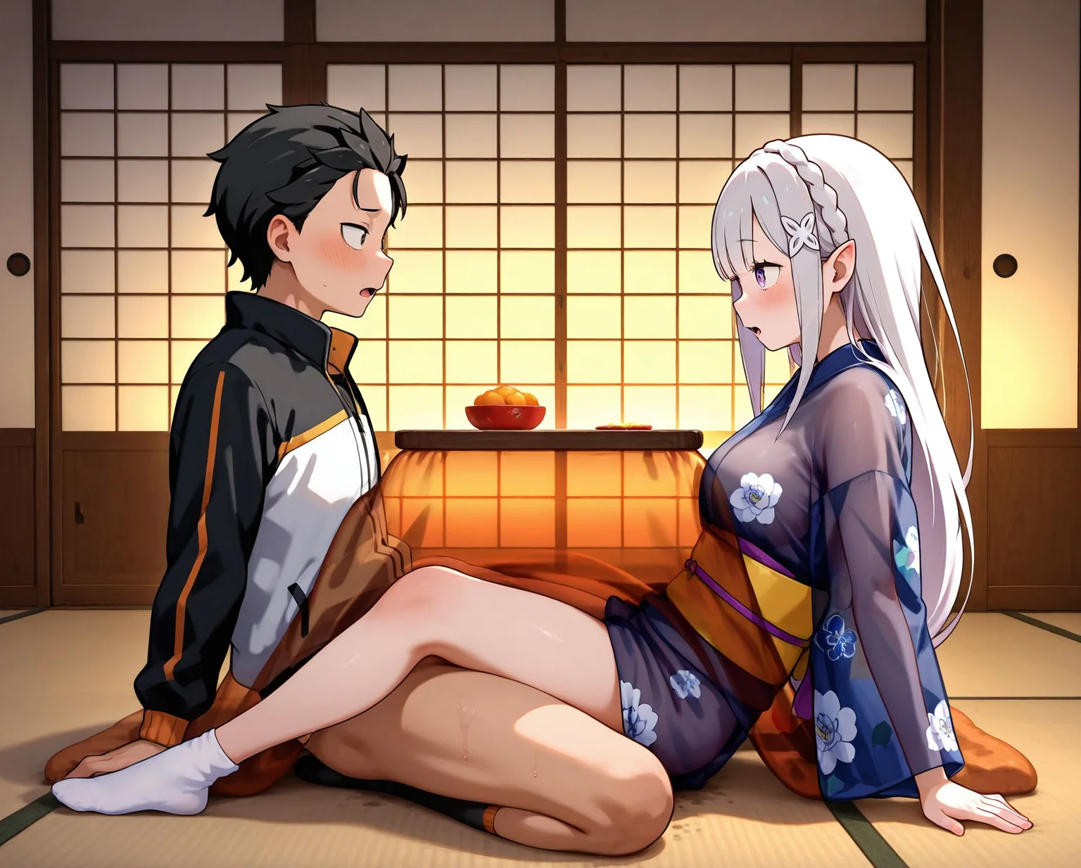 masterpiece,best quality,amazing quality,very aesthetic,absurdres,newest, huge filesize,
<lora:spo_sdxl_10ep_4k-data_lora_webui:0.5>,
<lora:add-detail-xl:1>
<lora:Kotatsu_Hide_Pose:0.7>
Kotatsu Hide Pose,
1girl,hetero,looking at another, clothed sex,bottomless,
sex,1boy, sex under table, sex under kotatsu, see-through kotatsu, sex,
socks, lean back,
table,
sliding doors,tatami,
indoors,
hidden embrace position,
seated positions
reverse-leg techniques,
BREAK
natsuki subaru,
emilia \(re:zero\), kimono,