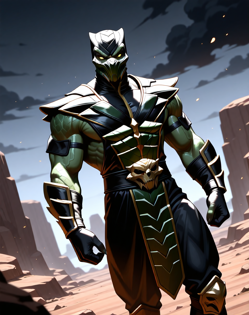 <lora:Reptile_X_(Mortal_Kombat)_(Illustrious)_(AD):0.85> Reptile_MK, muscular, Mortal Kombat, 
dutch angle, exterior, monumental architecture, wasteland, dark night sky with black clouds, 
male focus, gradient coloring, villain, intimidating, fierce, hyper muscular, 
BREAK very awe, aesthetically pleasing, masterpiece, best quality, amazing quality, very aesthetic, perfect depth of field shot, in'ei, source_furry, furry_art, 
Smooth Quality, lazympos, IllustQualXL_Pos,