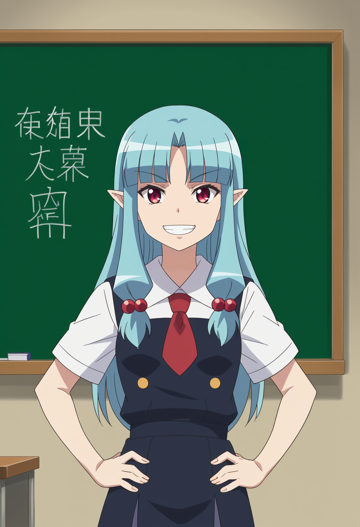 <lora:Kiriha_Obina-Tsugumomo:0.8>,1girl,solo,Kiriha Obina,pointy ears,long hair,blue hair,red eyes,bangs,anime coloring,hair ornament,hair bobbles,school uniform,white shirt,dress,red necktie,hands on own hips,teeth, looking at viewer, smile,indoors,chalkboard