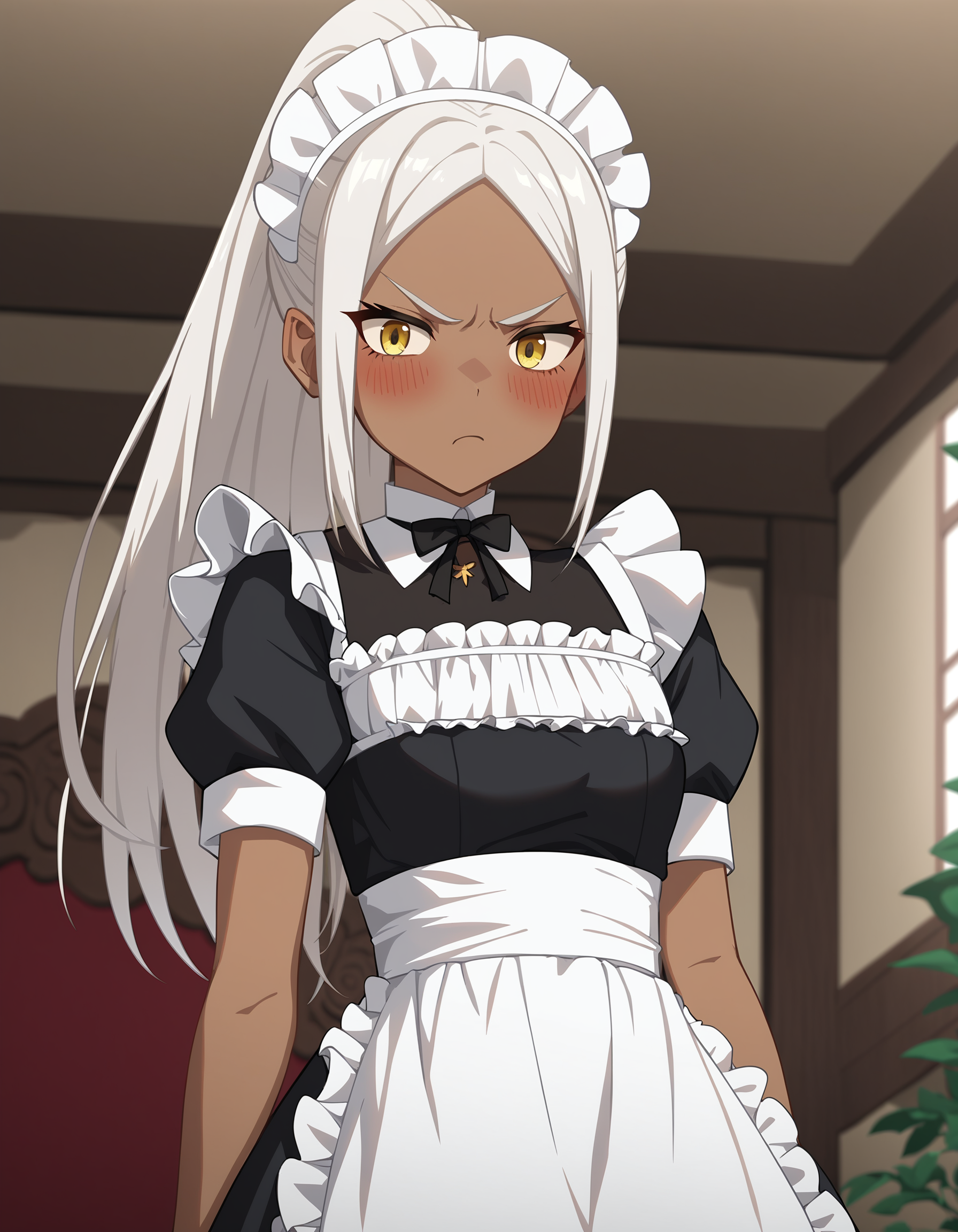 score_9,score_8_up,score_7_up,cinematic angel,looking at viewer,indoors,bored,cowboy shot,angry,blush,<lora:namu_pony:0.6>,namu snowbreak,1girl,solo,dark-skinned female,dark skin,white hair,yellow eyes,maid,maid_headdress,adjusting_thighhigh,high ponytail,parted bangs,petite,<lora:Anime_Screencap:1>,anime screencap,