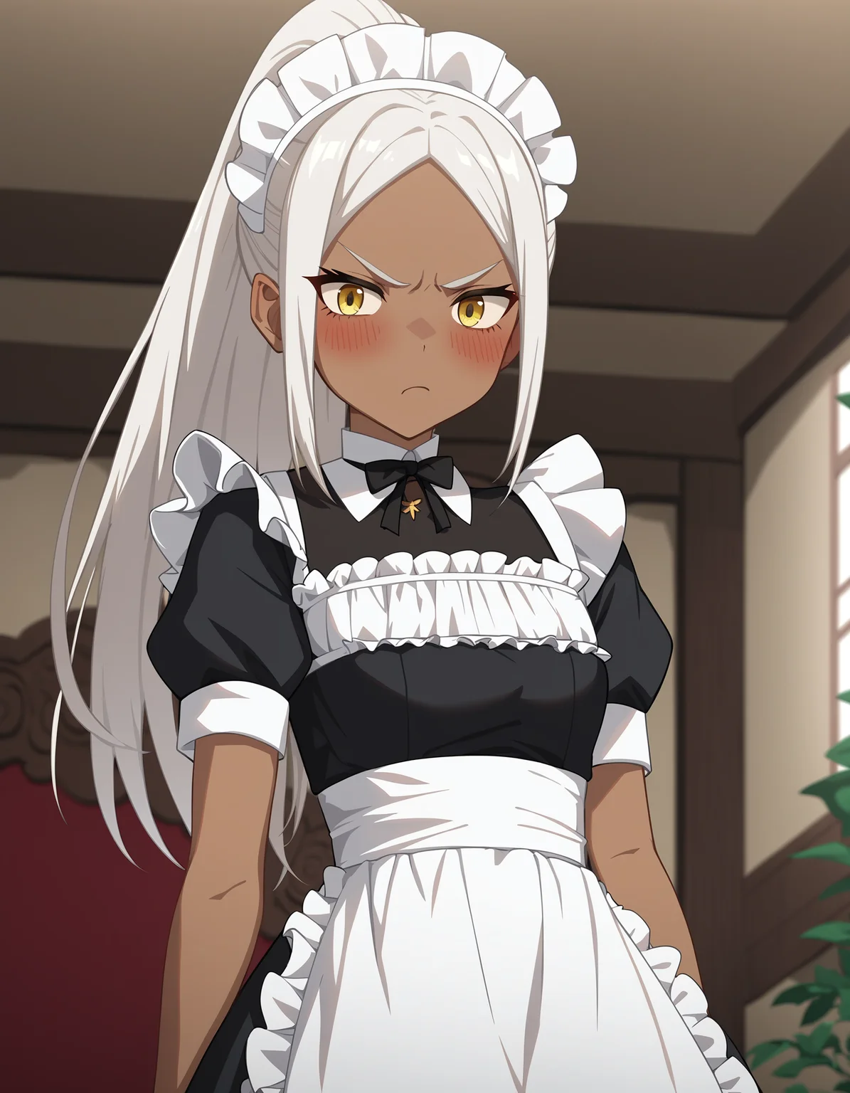 score_9,score_8_up,score_7_up,cinematic angel,looking at viewer,indoors,bored,cowboy shot,angry,blush,<lora:namu_pony:0.6>,namu snowbreak,1girl,solo,dark-skinned female,dark skin,white hair,yellow eyes,maid,maid_headdress,adjusting_thighhigh,high ponytail,parted bangs,petite,<lora:Anime_Screencap:1>,anime screencap,
