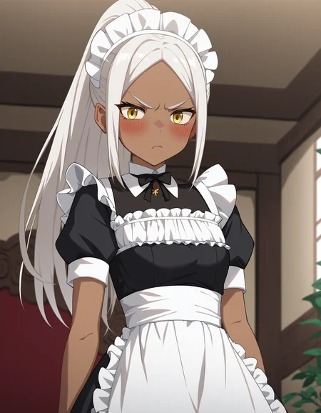 score_9,score_8_up,score_7_up,cinematic angel,looking at viewer,indoors,bored,cowboy shot,angry,blush,<lora:namu_pony:0.6>,namu snowbreak,1girl,solo,dark-skinned female,dark skin,white hair,yellow eyes,maid,maid_headdress,adjusting_thighhigh,high ponytail,parted bangs,petite,<lora:Anime_Screencap:1>,anime screencap,