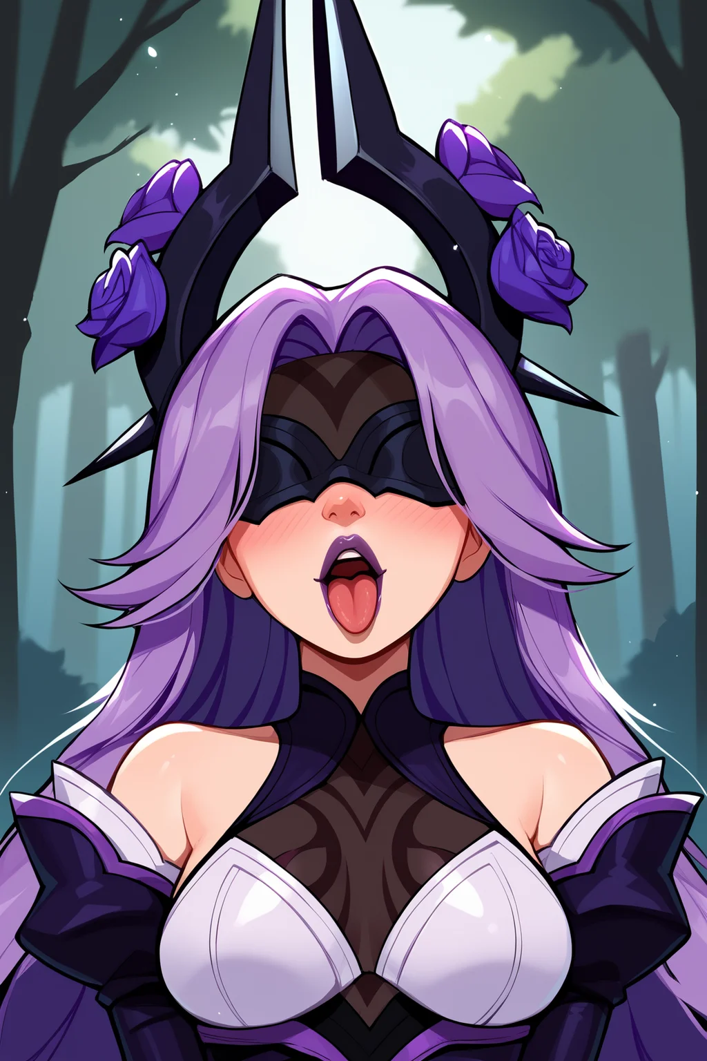 score_9, score_8_up, score_7_up, score_6_up, BREAK, SyndraWRoseXL, purple lips, black blindfold, purple hair, long hair, parted bangs, hair ornament with purple rose, medium breasts, detached sleeves, white dress, puffy sleeves, purple elbow gloves, solo, front view, v arms, (portrait, upper body), solo focus, open mouth, tongue out, naughty face, nose blush, forest, tree <lora:SyndraWRoseXL:0.9>
