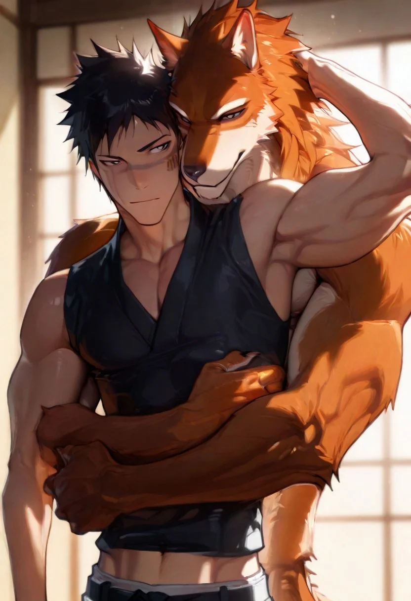 <lora:NoNameStyleVPRED10:1>, 1boy, nonamestyle, masterpiece, best quality, amazing quality, very aesthetic, soft lighting, shadows, dramatic lighting, light particle, sharp color, masterpiece, best quality, year 2024, newest, highres, absurdres, outline,muscular, muscular arms, dynamic angle, dim lighting, black hair, short hair, spiked hair, black eyes, HisagiShuhei69, 1boy, upper body, black sleeveless Kimono, left arm behind head, BREAK, 1werewolf, male werewolf, orange werewolf, orange fur, orange hair, furry male, muscular, abs, nipples, pecs, navel, size difference, hug from behind, cuddling, indoors, temple, standing,