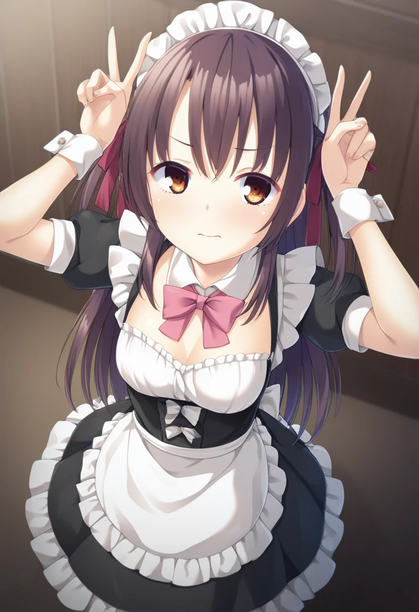 masterpiece,best quality,amazing quality,absurdres,aesthetic,newest,
yakumoazusa \(haison\), 1girl, solo,brown hair,brown eyes,long hair, hair between eyes, two side up, sidelocks,
closed mouth, distain, brown eyes, down-slanting eyebrows,
usa piece,double vï¼arms uptri tails hair,
maid, maid headdress,medium breasts,
from above, cinematic angle, looking up,
<lora:usapiece_Illust_v1:0.9> <lora:yakumo_azusa_vpred10_v11:1.0000000000000002>