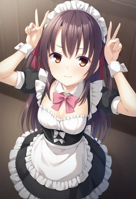 masterpiece,best quality,amazing quality,absurdres,aesthetic,newest,
yakumoazusa \(haison\), 1girl, solo,brown hair,brown eyes,long hair, hair between eyes, two side up, sidelocks,
closed mouth, distain, brown eyes, down-slanting eyebrows,
usa piece,double vï¼arms uptri tails hair,
maid, maid headdress,medium breasts,
from above, cinematic angle, looking up,
<lora:usapiece_Illust_v1:0.9> <lora:yakumo_azusa_vpred10_v11:1.0000000000000002>