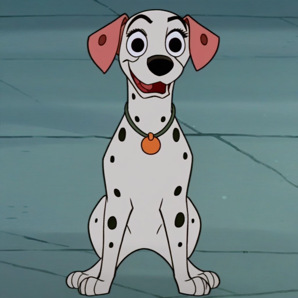 Perdita, 101 Dalmatians, Dog, Female dog, Cartoon, anthro_dog, Disney, ((((((front view)))))), (((looking at viewer))), (((looking straight ahead))), (((smug))), (((eyelashes))), (((no neckwear except pink heart necklace))), tough, solo, happy, smiling, flirty, feral,  quadruped, (((standing tall))), four paws, ((((((full body view)))))), standing confidently, (((smirk))), sneer, (((mostly open eyes))), (((open mouth))), sassy, head held high, solo, (((quadruped))), 
(((lean build)))