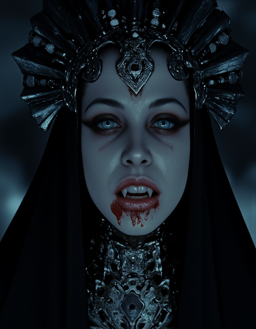 Cel Shaded Art, UHD, 8K, ultra detailed, a cinematic photograph of melancholic <lora:AITK-fluxCine2:1> cinematic, film still, screengrab, half veiled faced, <lora:wet_sweat_and_perspire:1> wet, sweaty, perspire <lora:Akasha_Queen_of_the_Damned_F1-GMR:1> sharp fangs, A close-up, gothic-inspired composition featuring a model shrouded in an embellished avant-garde veil, crafted with intricate baroque patterns, metallic filigree, and occult symbols subtly woven into the fabric. The veil cascades like a spectral shroud, partially obscuring the modelâs face, which is illuminated by a faint, otherworldly glow that highlights striking bone structure and piercing, ethereal eyes. The limited color palette consists of deep black, smoky greys, and muted silver, with subtle accents of blood red. The background is a void-like darkness with faint, swirling mist and occult sigils barely visible in the shadows. The atmosphere is ominous yet divine, suggesting apotheosis, with delicate lighting creating dramatic contrasts. The overall design is sharp, hyperdetailed, and styled as intricate gig poster art, balancing dark mysticism with avant-garde elegance. <lora:ChildrenOfTheNight:1> vampire,, beautiful lighting, great composition, 2D, flat color, toon shading, cel shaded style