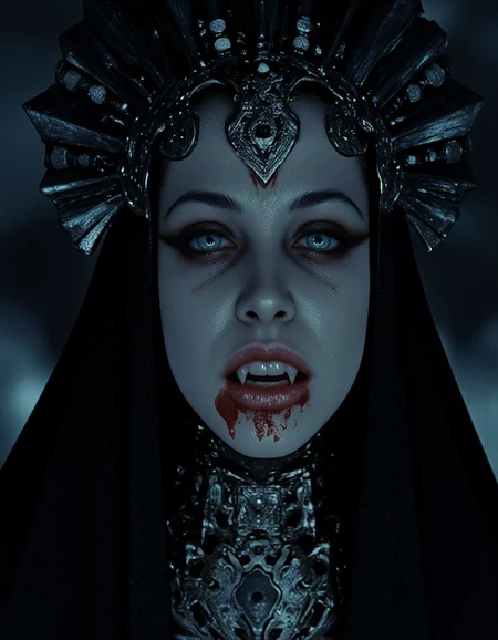 Cel Shaded Art, UHD, 8K, ultra detailed, a cinematic photograph of melancholic <lora:AITK-fluxCine2:1> cinematic, film still, screengrab, half veiled faced, <lora:wet_sweat_and_perspire:1> wet, sweaty, perspire <lora:Akasha_Queen_of_the_Damned_F1-GMR:1> sharp fangs, A close-up, gothic-inspired composition featuring a model shrouded in an embellished avant-garde veil, crafted with intricate baroque patterns, metallic filigree, and occult symbols subtly woven into the fabric. The veil cascades like a spectral shroud, partially obscuring the modelâs face, which is illuminated by a faint, otherworldly glow that highlights striking bone structure and piercing, ethereal eyes. The limited color palette consists of deep black, smoky greys, and muted silver, with subtle accents of blood red. The background is a void-like darkness with faint, swirling mist and occult sigils barely visible in the shadows. The atmosphere is ominous yet divine, suggesting apotheosis, with delicate lighting creating dramatic contrasts. The overall design is sharp, hyperdetailed, and styled as intricate gig poster art, balancing dark mysticism with avant-garde elegance. <lora:ChildrenOfTheNight:1> vampire,, beautiful lighting, great composition, 2D, flat color, toon shading, cel shaded style
