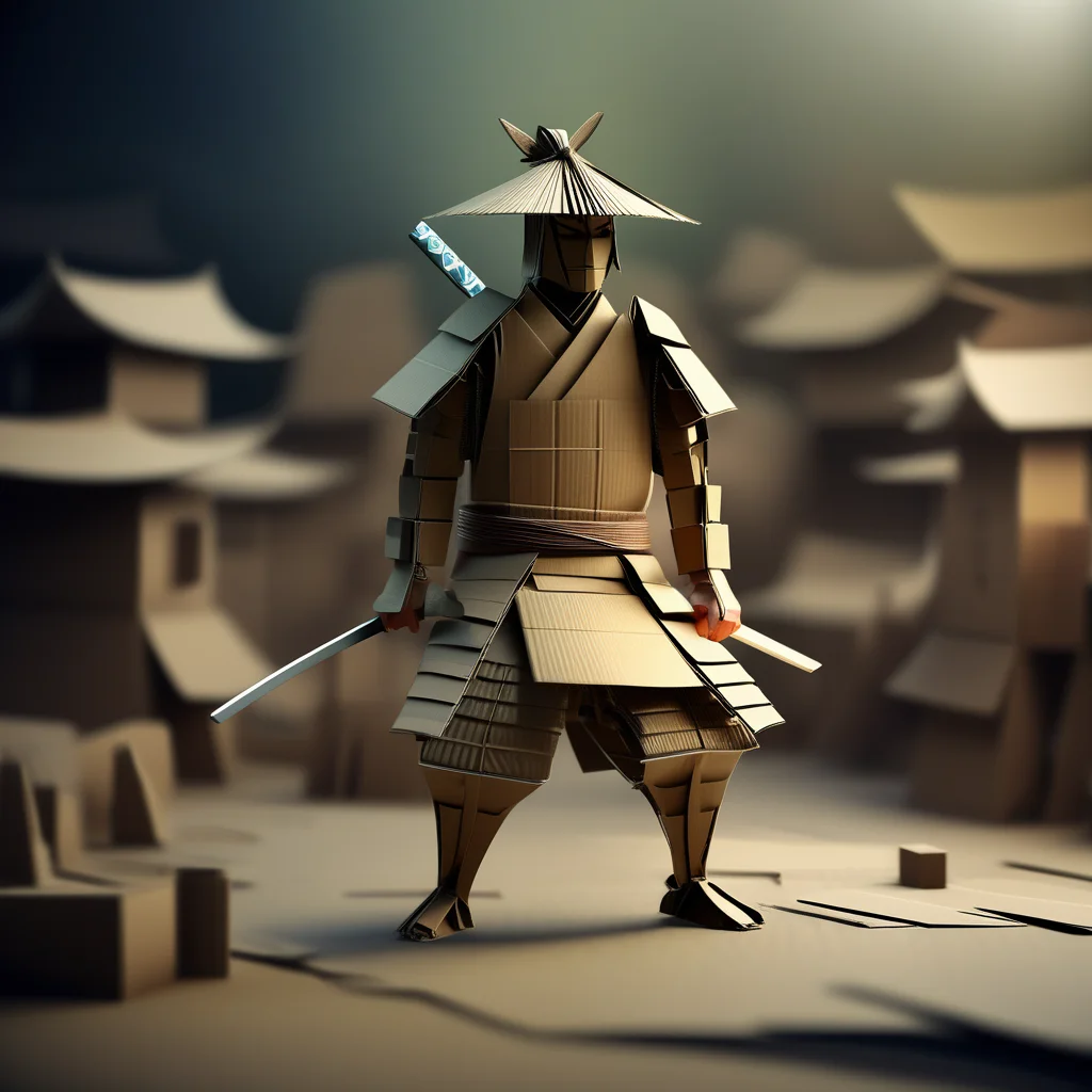 draw a photorealistic image of a cardboard samurai. Totally cardboard world, surreal, fantasy. cardboard pieces, low poly, miniaturestyle. Tilt-Shift, bokeh focus. no painting, no text, conceptual art