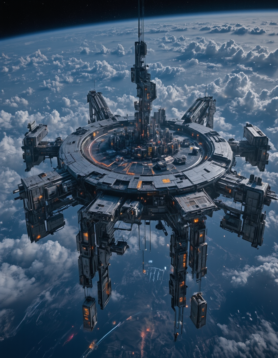 <lora:Space_Stations_ST01_Flux:0.7> st01, space station, in space, far above ground, lights, city on space station, lights, landing platforms, cyberpunk, above sky, kanji, war paint, white