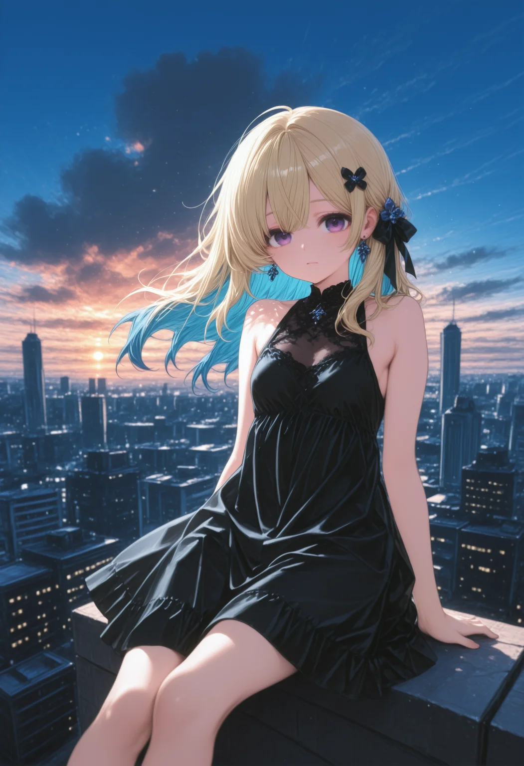 ,1girl, solo, long hair, breasts, looking at viewer, blonde hair, hair ornament, dress, closed mouth, jewelry, bare shoulders, sitting, blue hair, purple eyes, multicolored hair, hair bow, outdoors, earrings, small breasts, sky, sleeveless, cloud, black dress, blue sky, sleeveless dress, floating hair, cloudy sky, building, wind, scenery, sunset, city, cityscape, skyscraper, skyline,,masterpiece,best quality,newest,absurdres,highres,very awa, 