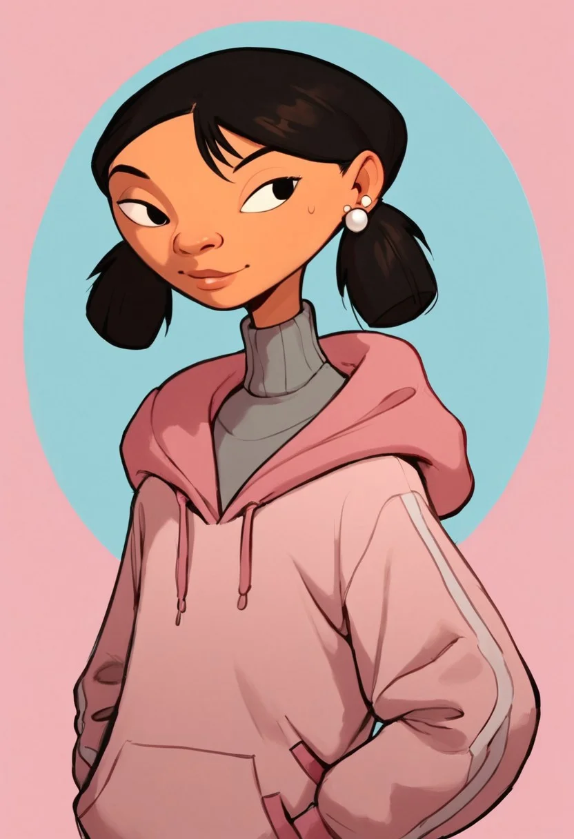 score_9_up, score_8_up, score_7_up, score_6_up,), (high quality), (high resolution), Expressiveh, (Elaine Pituskin, dark-skinned female, light brown skin, black eyes, black hair, short twintails, low twintails, pearl earrings, grey turtleneck shirt, pink hoodie, hood down, oversized hoodie, grey sweatpant with pink stripes, white shoes,), standing, looking at view, upper body, front view, BREAK, colorful background, pink background, blue background, BREAK, score_9, score_8, score_7,