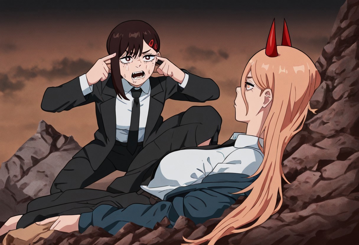 masterpiece, best quality, newest, absurdres, highres,  anime, anime style, TMTMEEV1.1-Fullscene,
BREAK
TMTMEMEV1.1-Role:Mark, lying, lying on rock, rock, 1girl, higashiyama kobeni \(chainsaw_man\), brown hair, collared shirt, black necktie, black jacket, 
BREAK
TMTMEMEV1.1-Role:Nolan, suqt, squating, pointing at self, 1girl, power \(chainsaw_man\), demon horns, long hair, blonde hair, very long hair, red horns, black necktie, horns, cross-shaped pupils, shirt,



