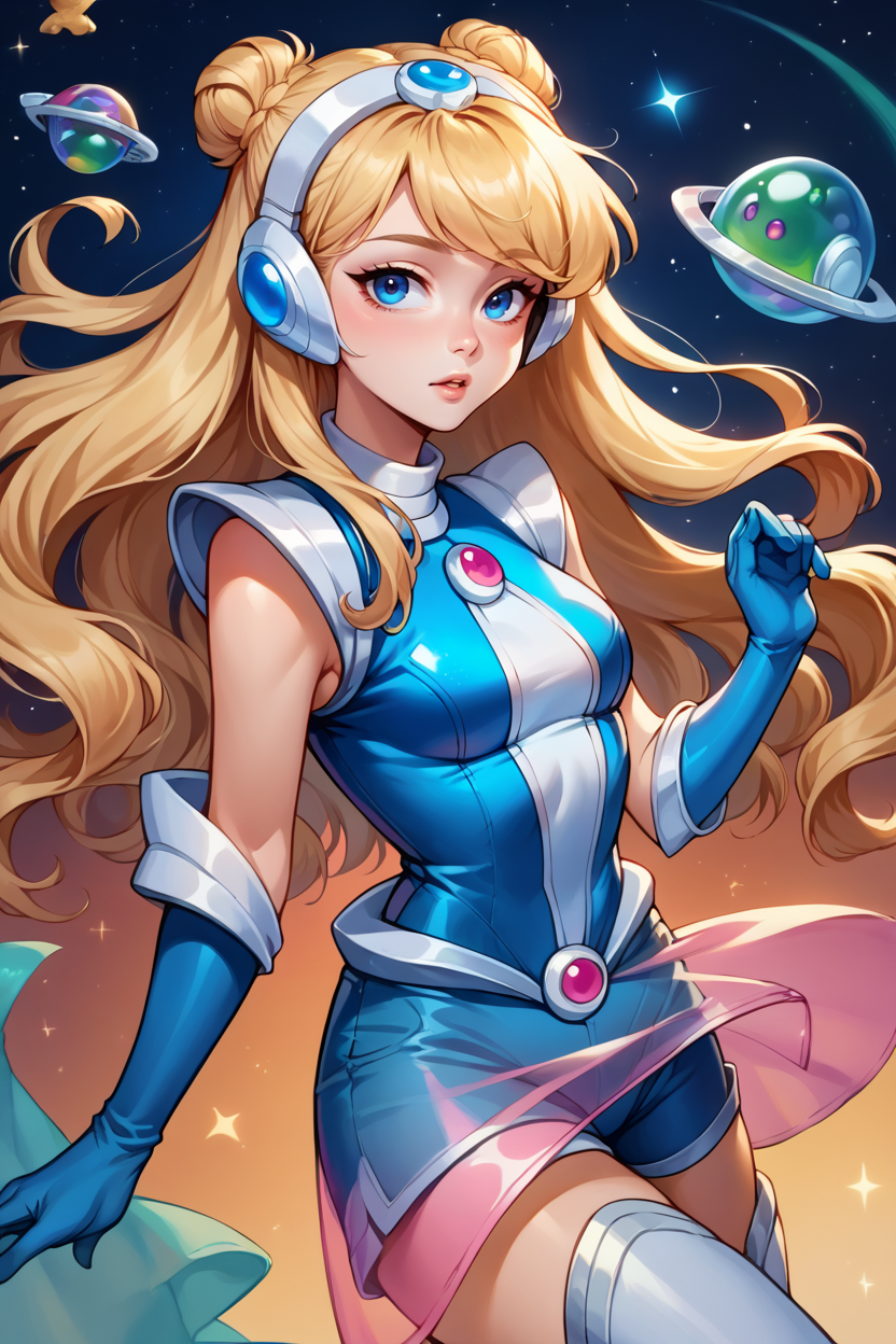 score_9, score_8_up, score_7_up, score_6_up, source_anime, 1girl, solo,  <lora:lux-pdxl-nvwls-v1-000005:1> spclux, blonde hair, blue eyes, hair buns, headphones, blue leotard, blue gloves, see-through skirt, blue shorts, thigh boots, chestnut mouth, outer space, floating, looking at you