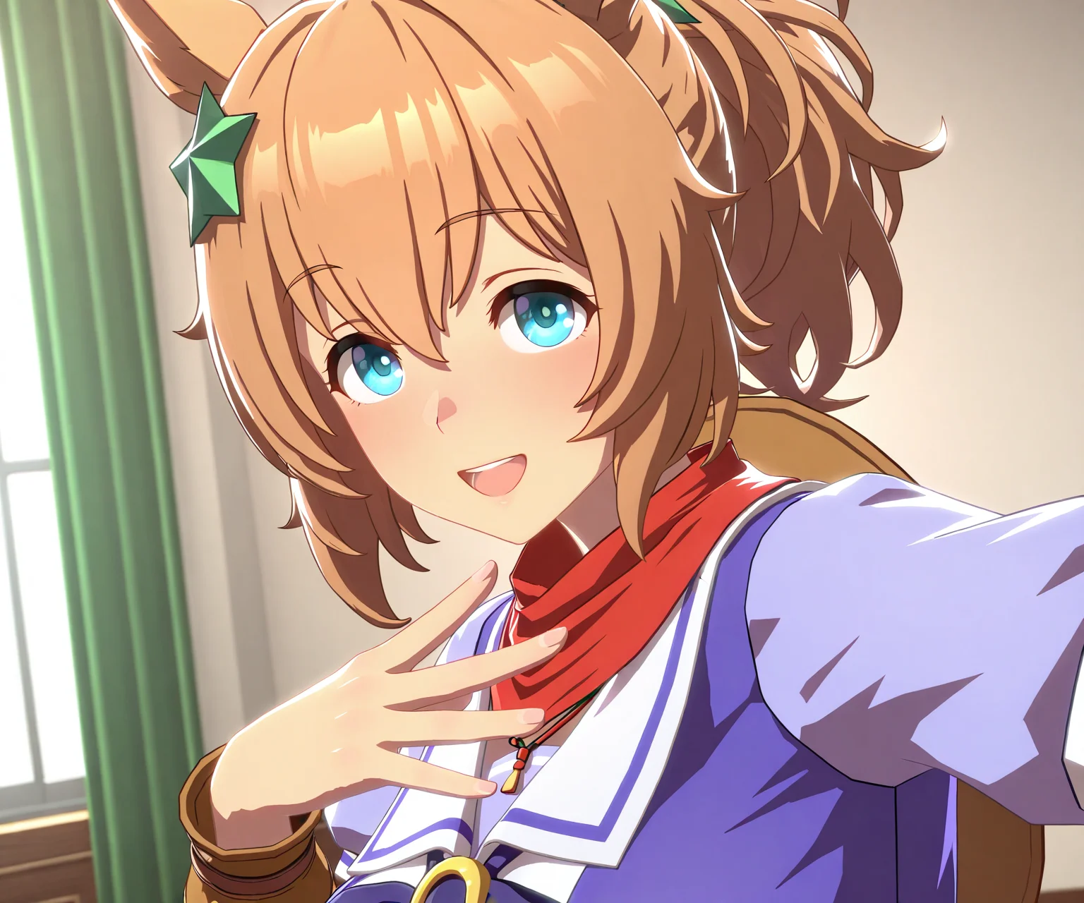 masterpiece, best quality, amazing quality, , 1girl, solo, looking at viewer, <lora:Taiki Shuttle in game style 3D ILL-v2:1> ummsmingame, 3d, taiki shuttle \(umamusume\), smile, open mouth, (tracen school uniform),