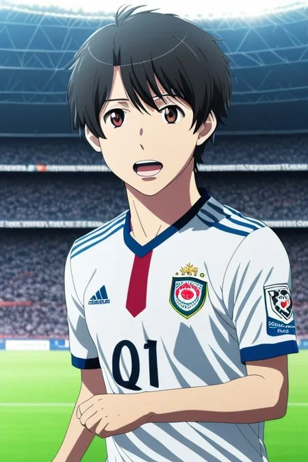 high resolution, solo, best quality, 1Boy, Inaho Kaizuka, Black Hair, soccer player, field, portrait, sport photography, celebration, OverallDetail