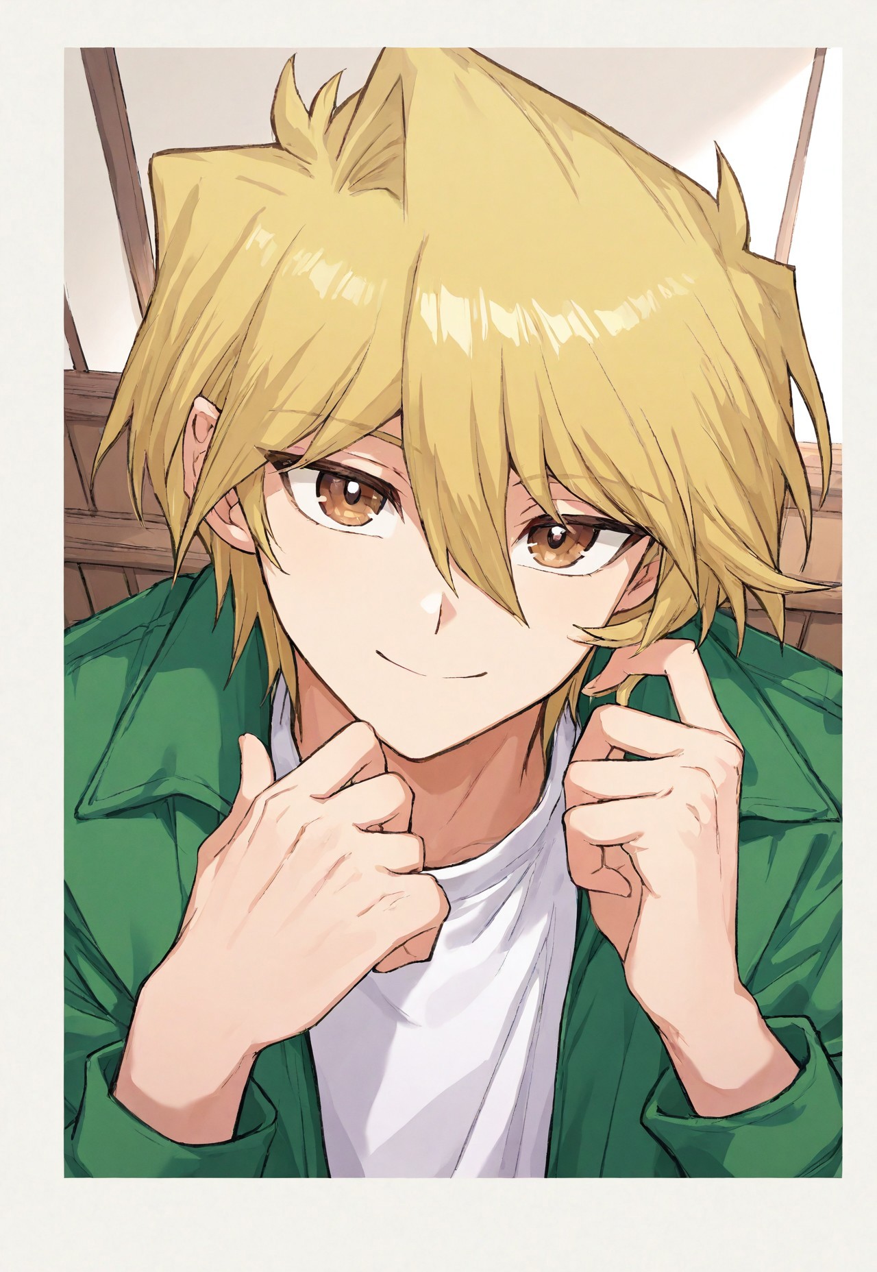 masterpiece, best quality, amazing quality, very aesthetic, absurdres, newest, detailed background, 1boy, solo, male focus, joeyWheeler, blonde hair, brown eyes, hair between eyes, bangs, green jacket, white shirt, close-up, smile, playing with hair, polaroid, border