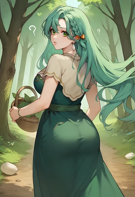 score_9, score_7_up, 1girl, cowboy shot, from behind, looking at viewer, looking back, ?, parted lips, holding basket, <lora:ChloeFE-pdxl:1> casChloe, long hair, side braid, earrings, large breasts, green dress, strapless, shrug \(clothing\), short sleeves, bracelet, wind, legs, ass, forest, dirt path