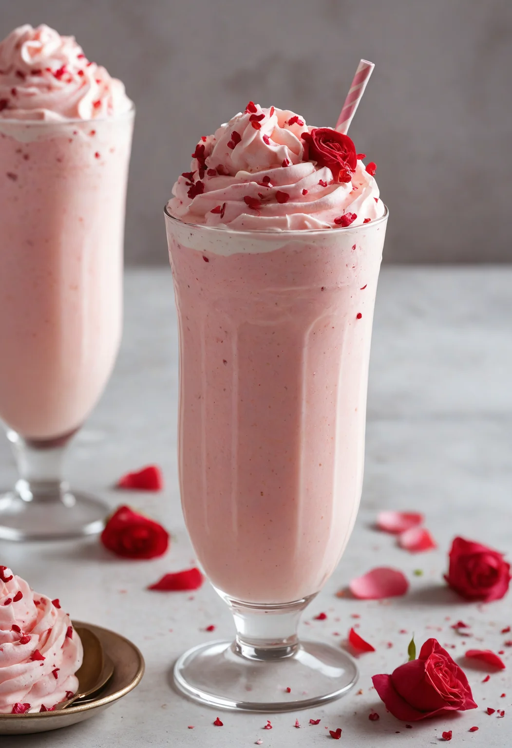 This creative and delicious rose falooda milkshake is a feast for the eyes and taste buds, with layers of creamy milk, rose syrup, and rose-flavored ice cream, all topped with a swirl of whipped cream and a sprinkle of rose petals. Choose from a range of render styles, from realistic to abstract, to bring your milkshake to life. <lora:add-detail-xl:1> <lora:great_lighting:1> <lora:JuggerCineXL2:0.8> Movie Still, Film Still, Cinematic, Cinematic Shot, Cinematic Lighting